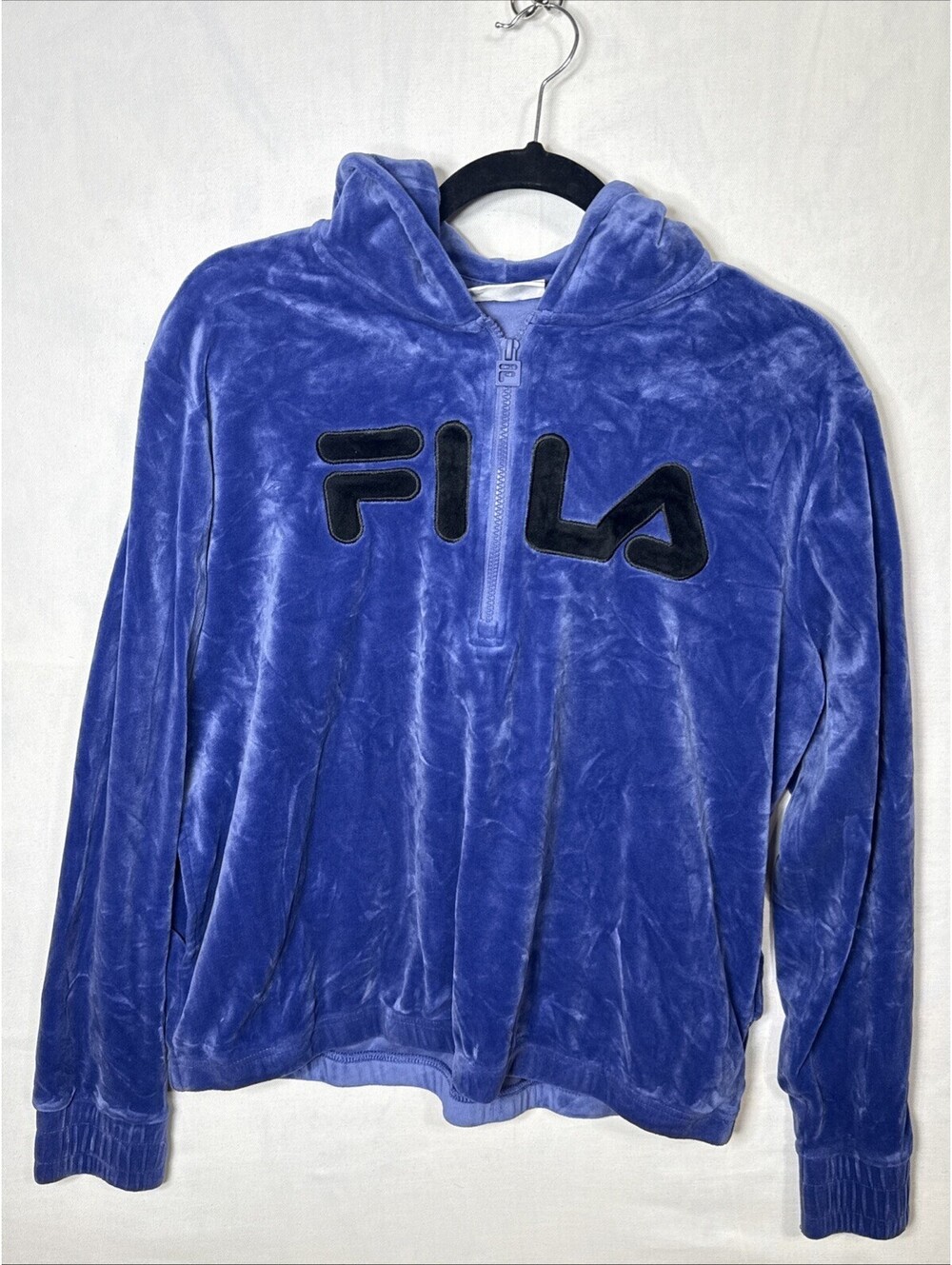 Fila Womens Blue Velour Half Zip Hoodie Sweatshirt Big Logo Size XL